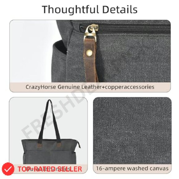 Canvas Tote Bag Retro Classic Multi-Pocket Laptop Commuter Travel Gym - Picture 8 of 8